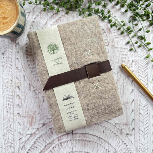 Natural paper journal, soft wool felt cover, genuine leather accents, handmade in Nepal by artisans