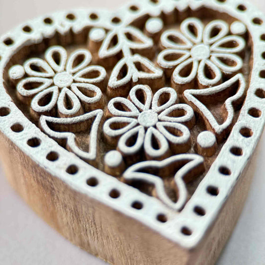 Heart shape wooden stamp with floral designs