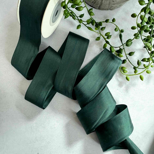Green ribbon with a roll and a plant on a light background