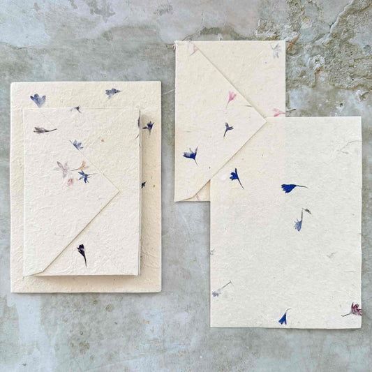 handmade lokta paper and envelope set with dried cornflower petals