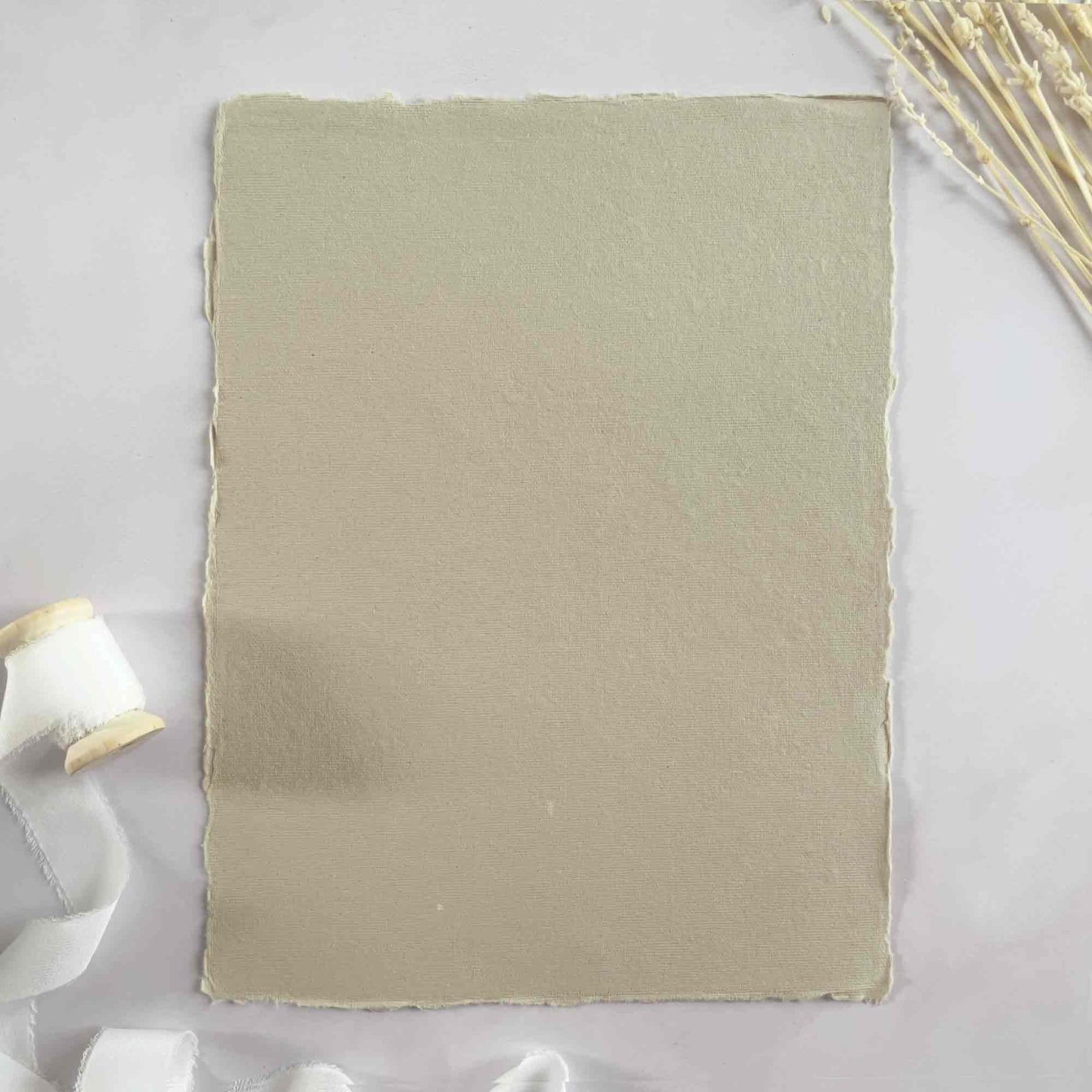 A4 sheet of handmade cotton rag paper in Mushroom. Handmade paper with deckled edges. By The Natural Paper Company