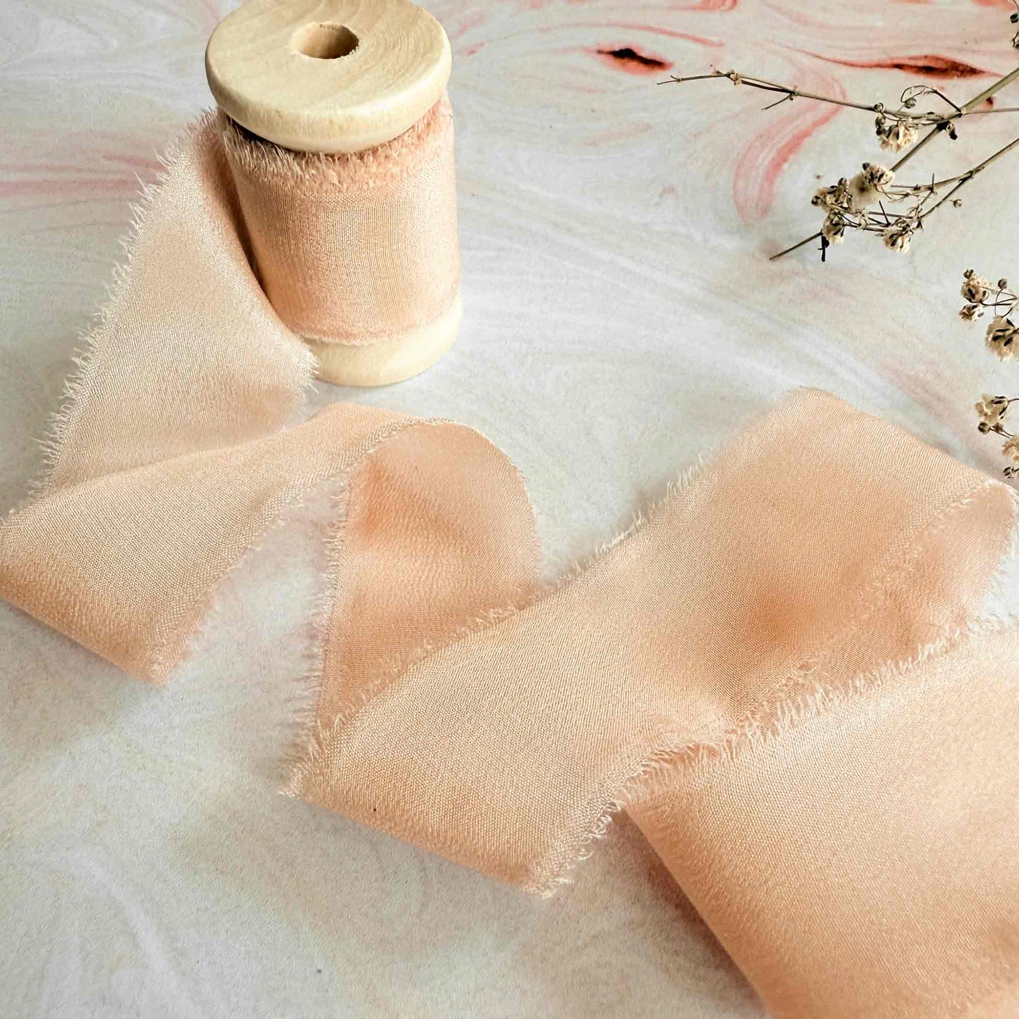 Peach silk ribbon for wedding stationery.  Fine silk ribbon supplies