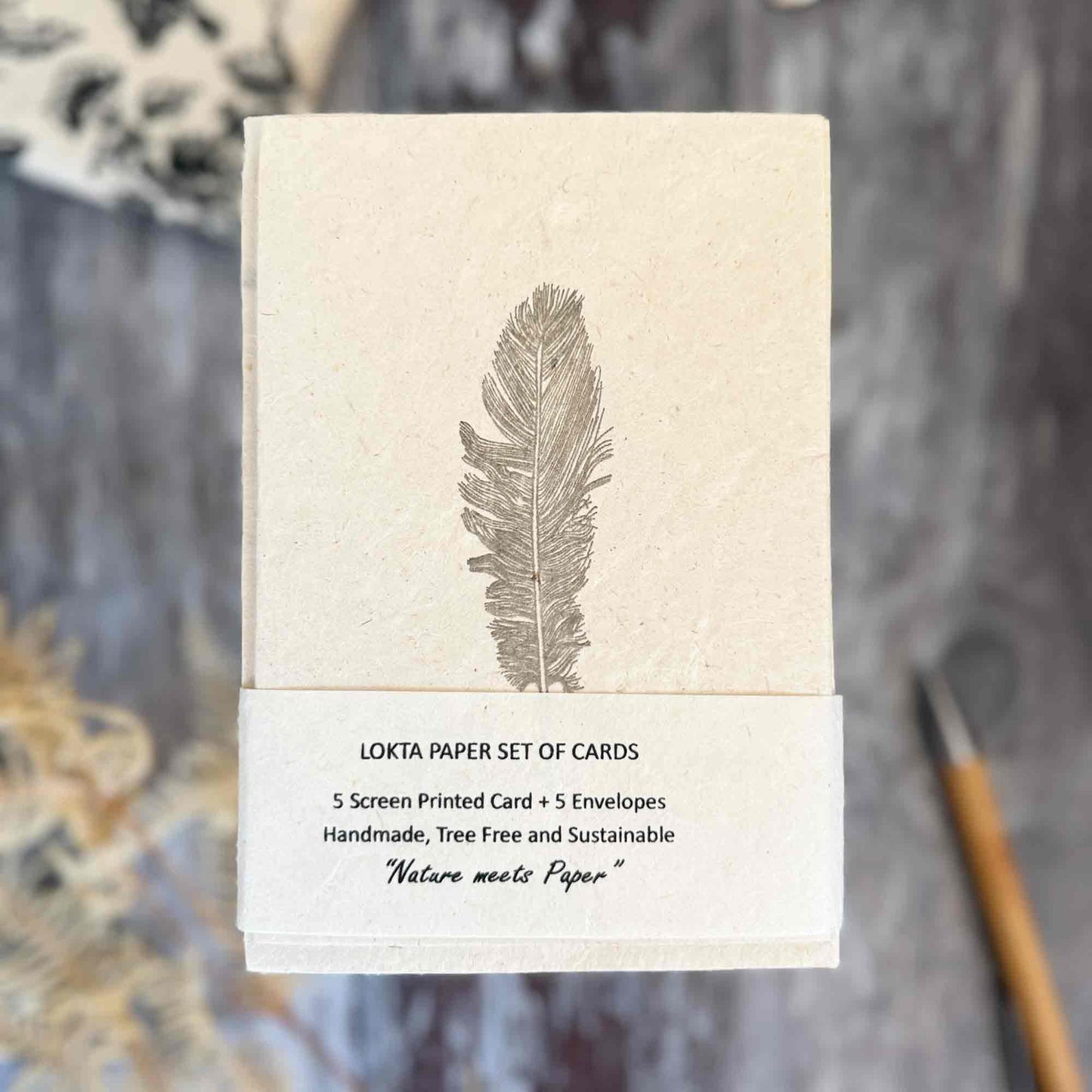 Eco-friendly Lokta paper notecard set Plume design — 5 cards and envelopes, nature meets paper