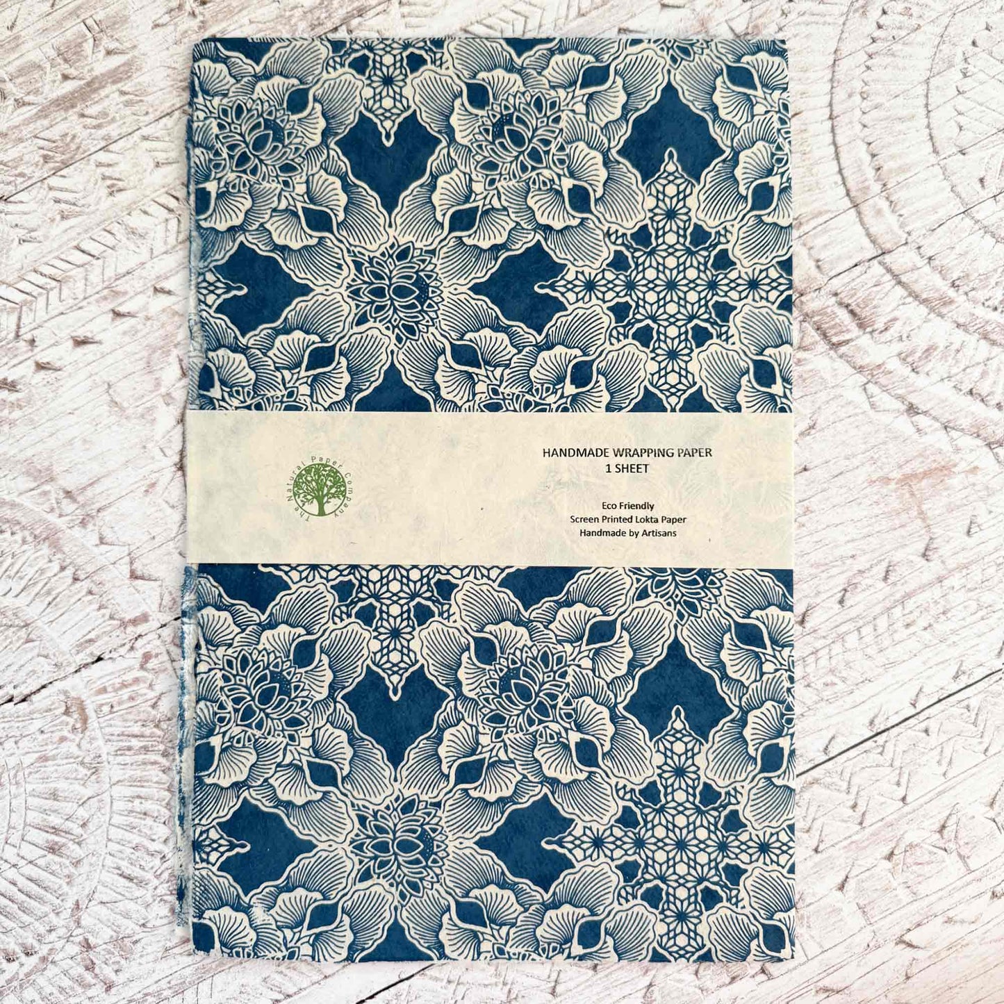 Handmade wrapping paper with blue and white floral pattern