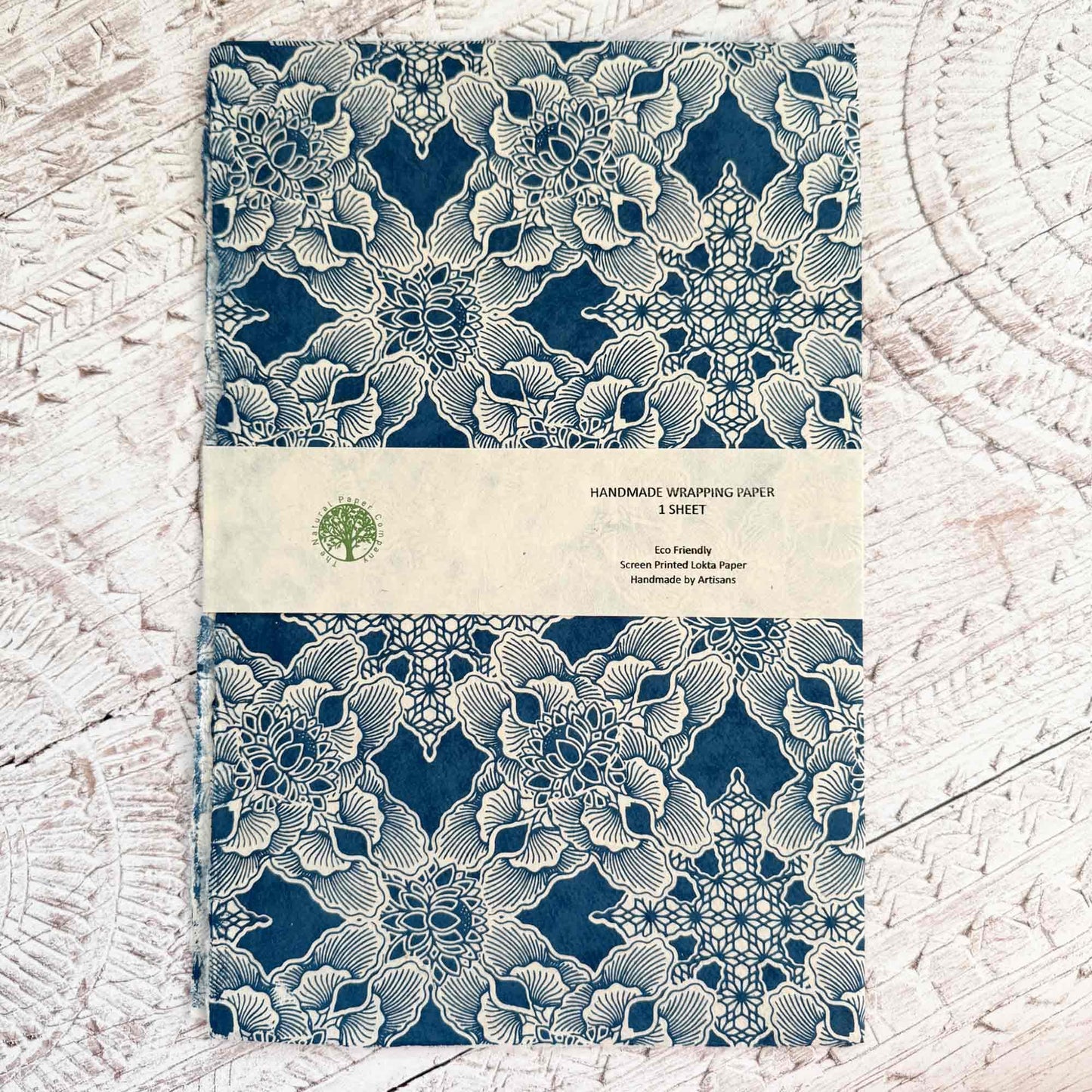Handmade wrapping paper with blue and white floral pattern