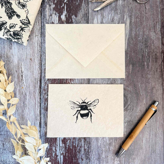 A6 size Lokta paper notecard and matching envelope, bumble bee design, tree-free paper