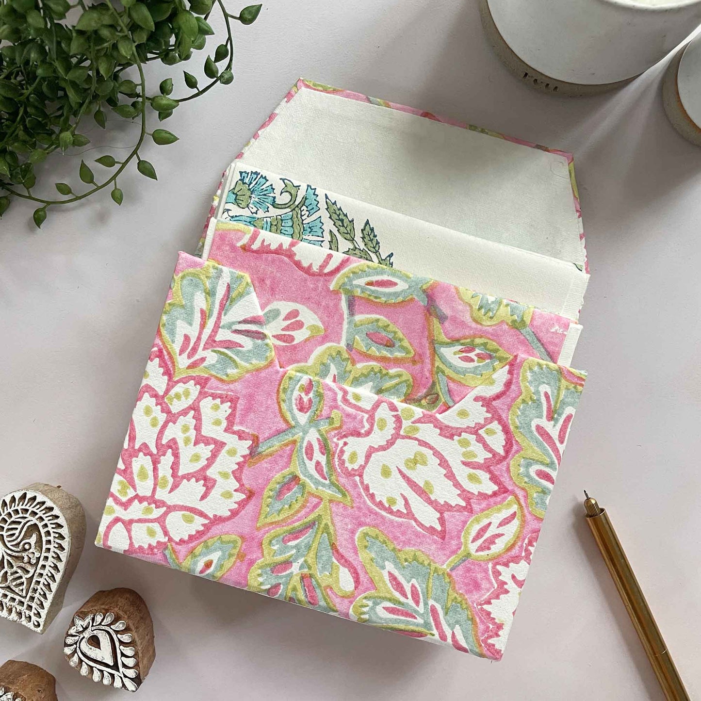 Clara block printed blank note card set in presentation box. Handmade by artisans
