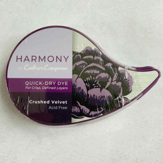 Harmony by Crafters Companion quick-dry dye packaging with purple floral design on a white background