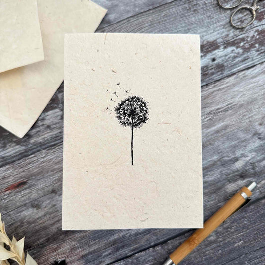 Handmade Lokta paper dandelion card with black botanical design and matching envelope