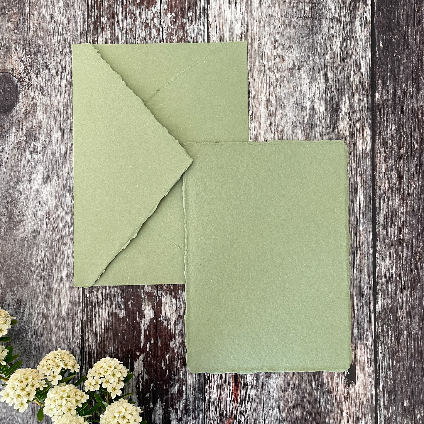 Handmade card and envelope made from recycled cotton rag paper in sage green. Deckled edge blank invitation card and envelope in sage green colour. By The Natural paper Company