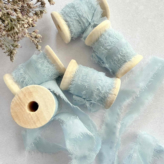 pale blue frayed edge silk ribbons