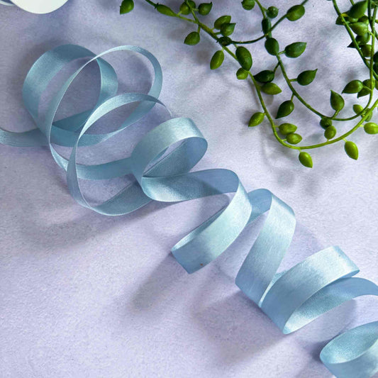 Light blue ribbon on a white background with green leaves.