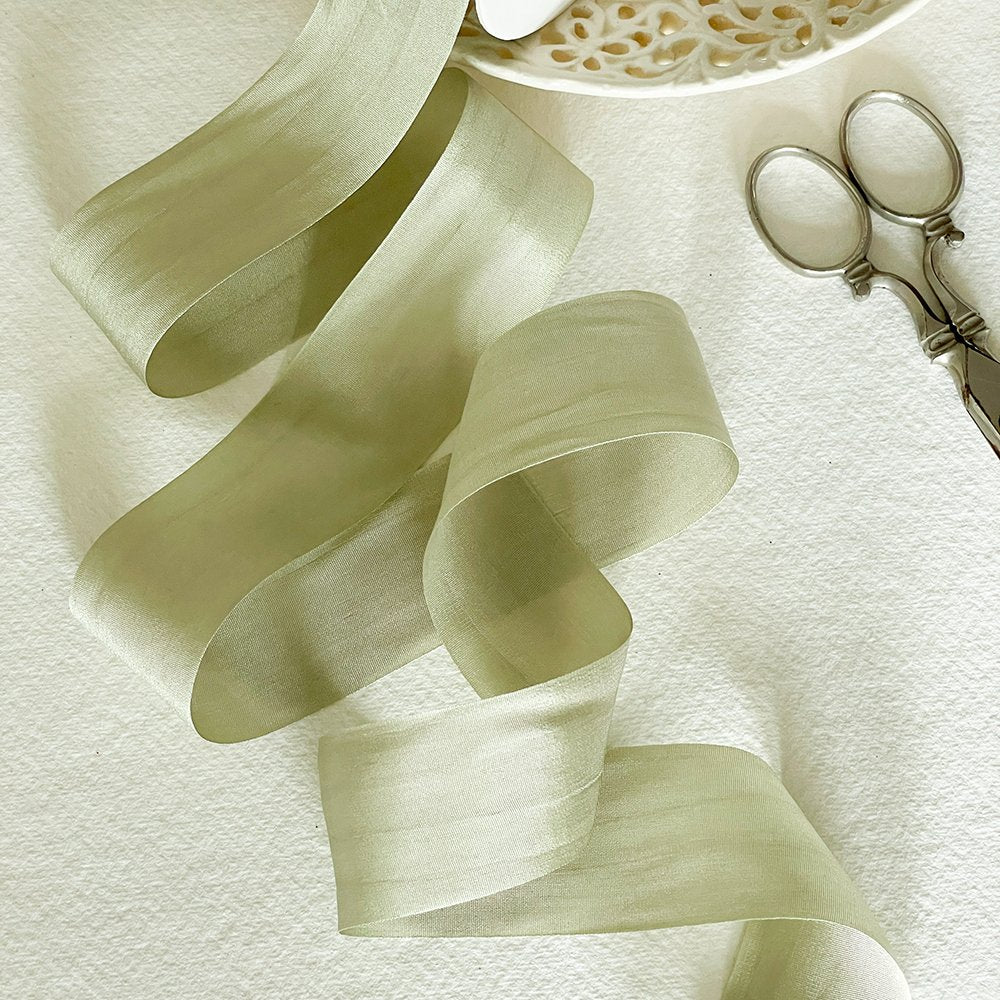 Luxury silk ribbon for crafts. Fine silk ribbon in light dusky green colour. By The Natural Paper Company