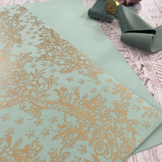 Green recycled paper with gold pattern. Available with matching A4 paper