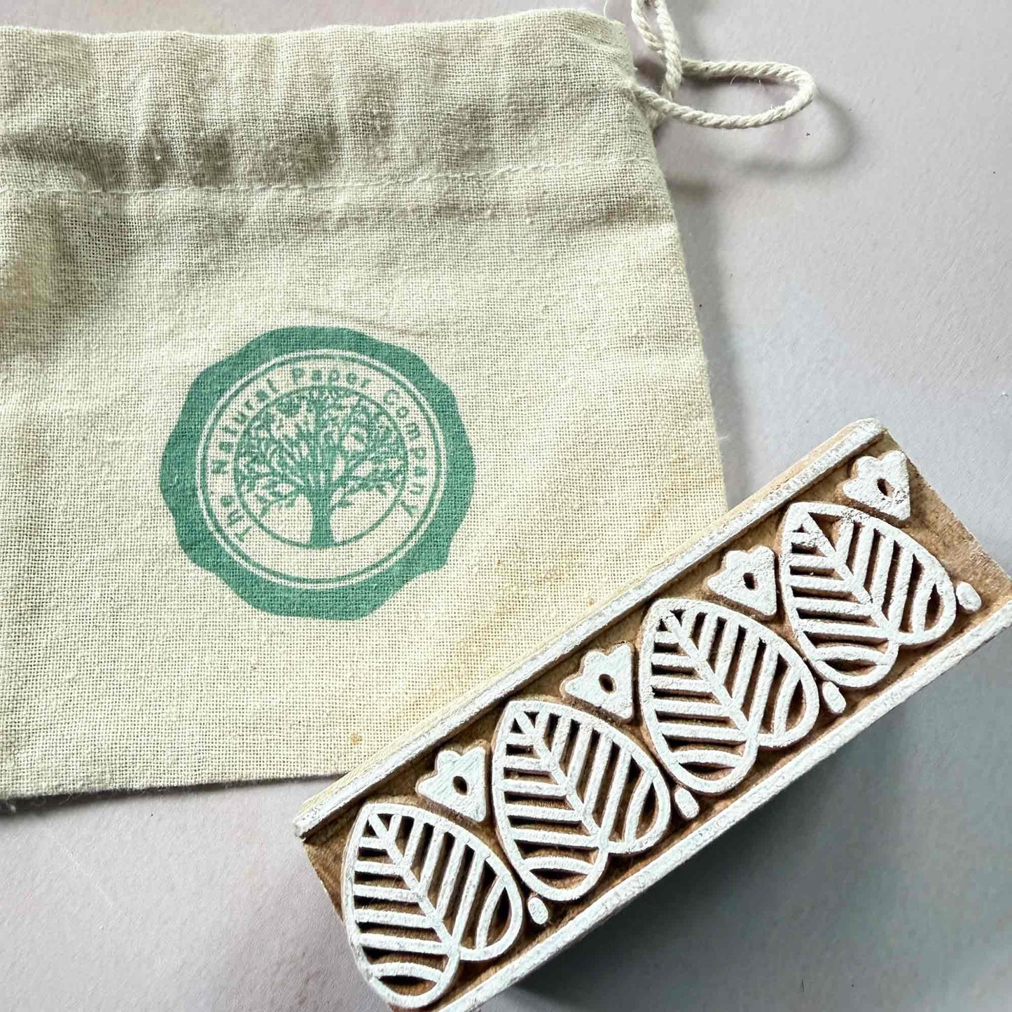 wooden block printing stamp with leaf pattern