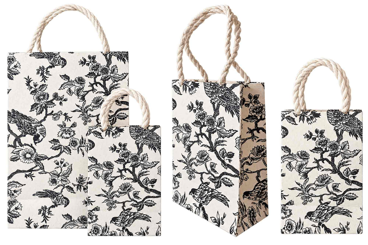 Bird Garden handmade Lokta paper gift bags in large and small sizes with black and white bird pattern and natural rope handles