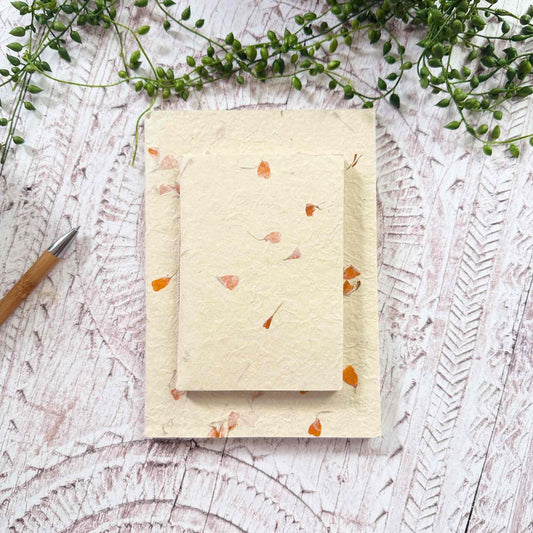 Pair of Lokta notebooks in A5 and A6 sizes, decorated with real Marigold petals, handmade in Nepal