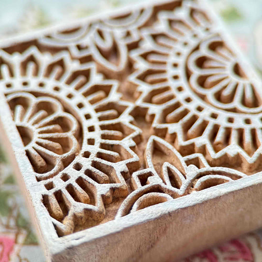 Square Wooden stamp with intricate floral patterns