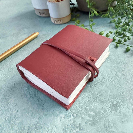 Red notebook with a white interior on a light blue surface with a gold pen and small plants.