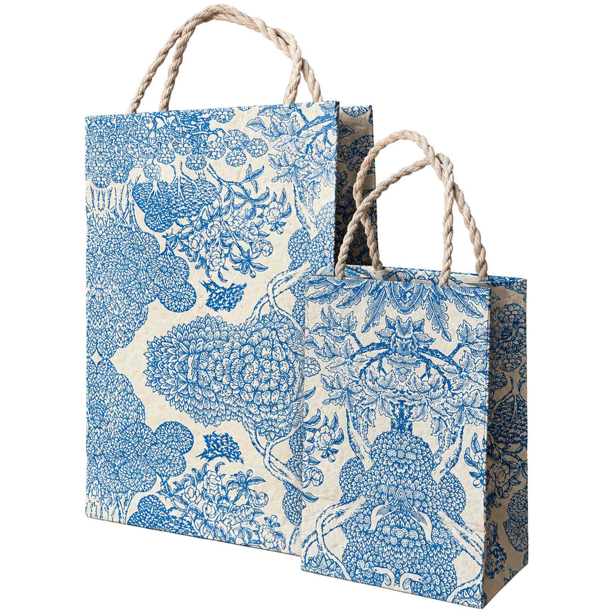 Niwa blue botanical handmade paper gift bags showing large and small sizes with twisted rope handles.
