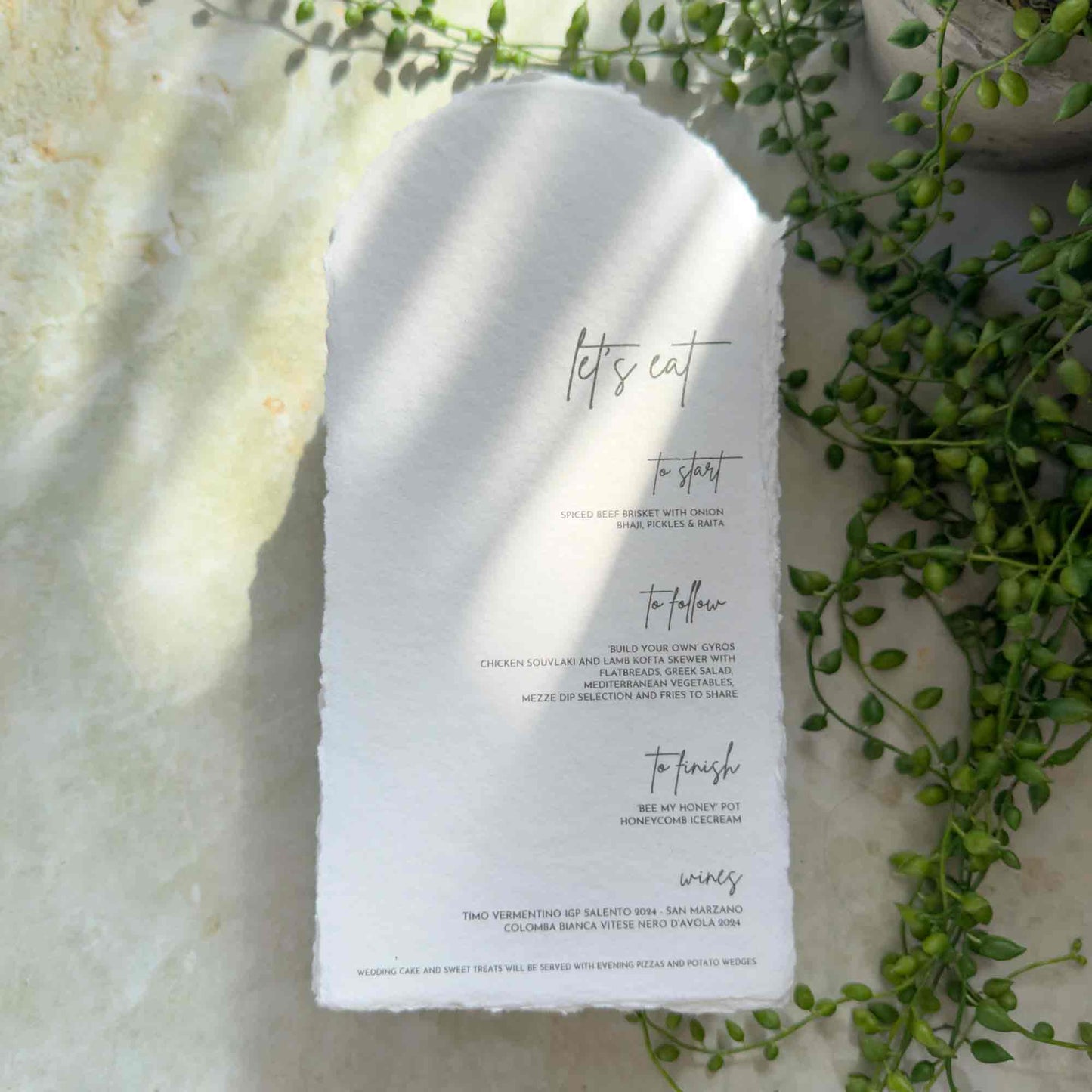 menus printed on handmade paper