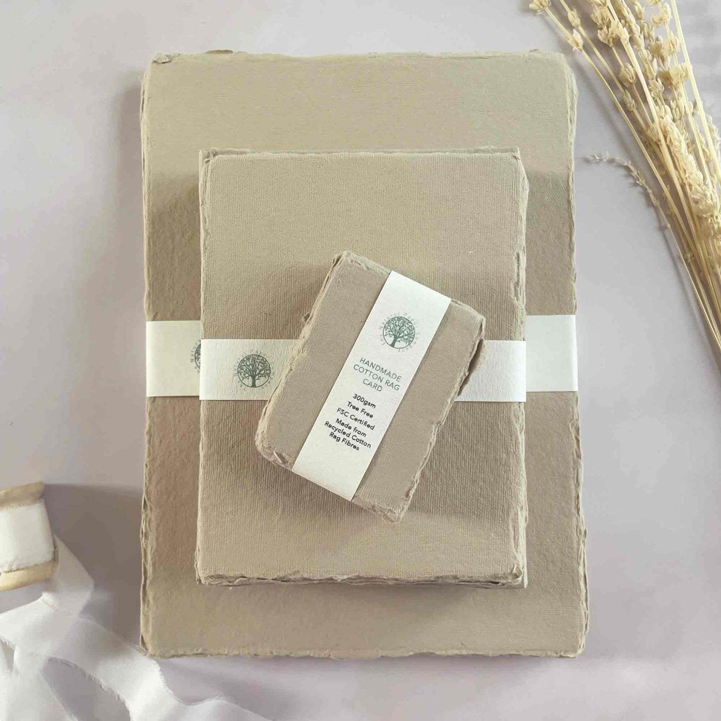 Handmade cotton rag paper, card and envelopes in Mushroom. Handmade paper supplies by The Natural Paper Company