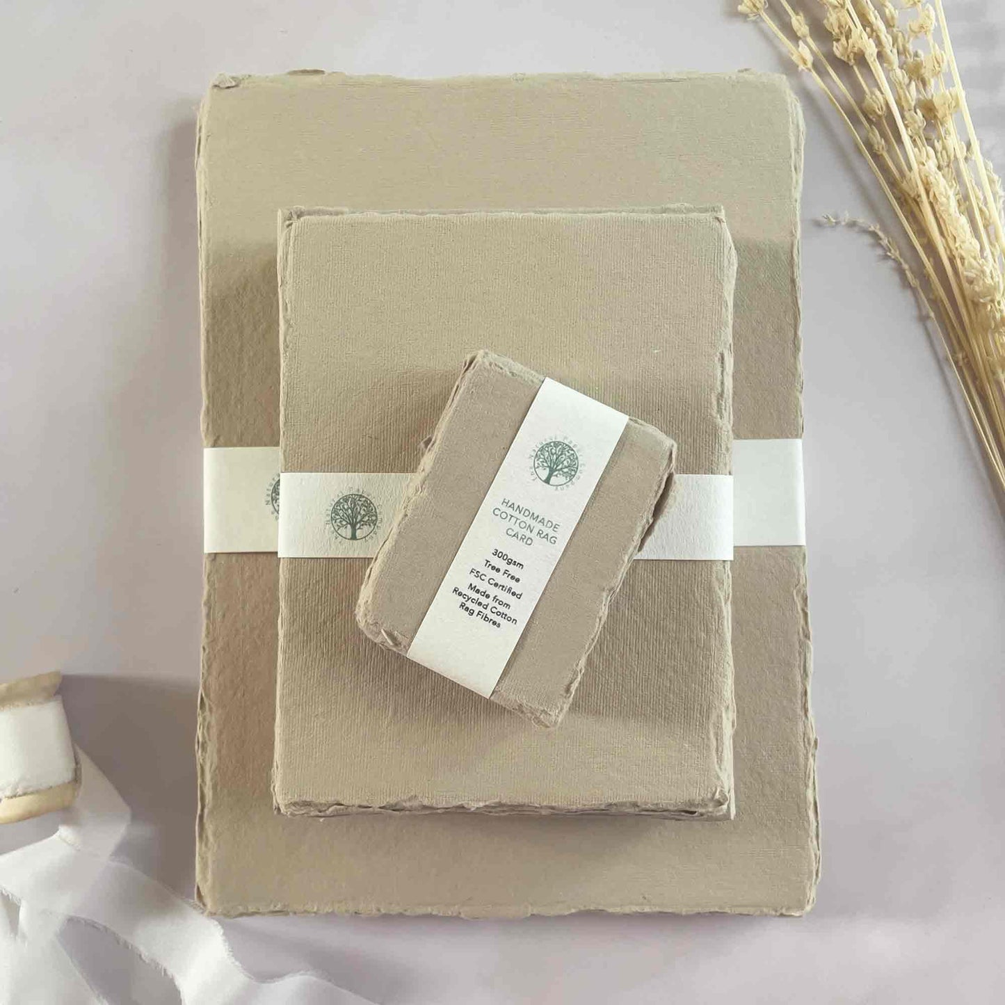 Handmade cotton rag paper, card and envelopes in Mushroom. Handmade paper supplies by The Natural Paper Company