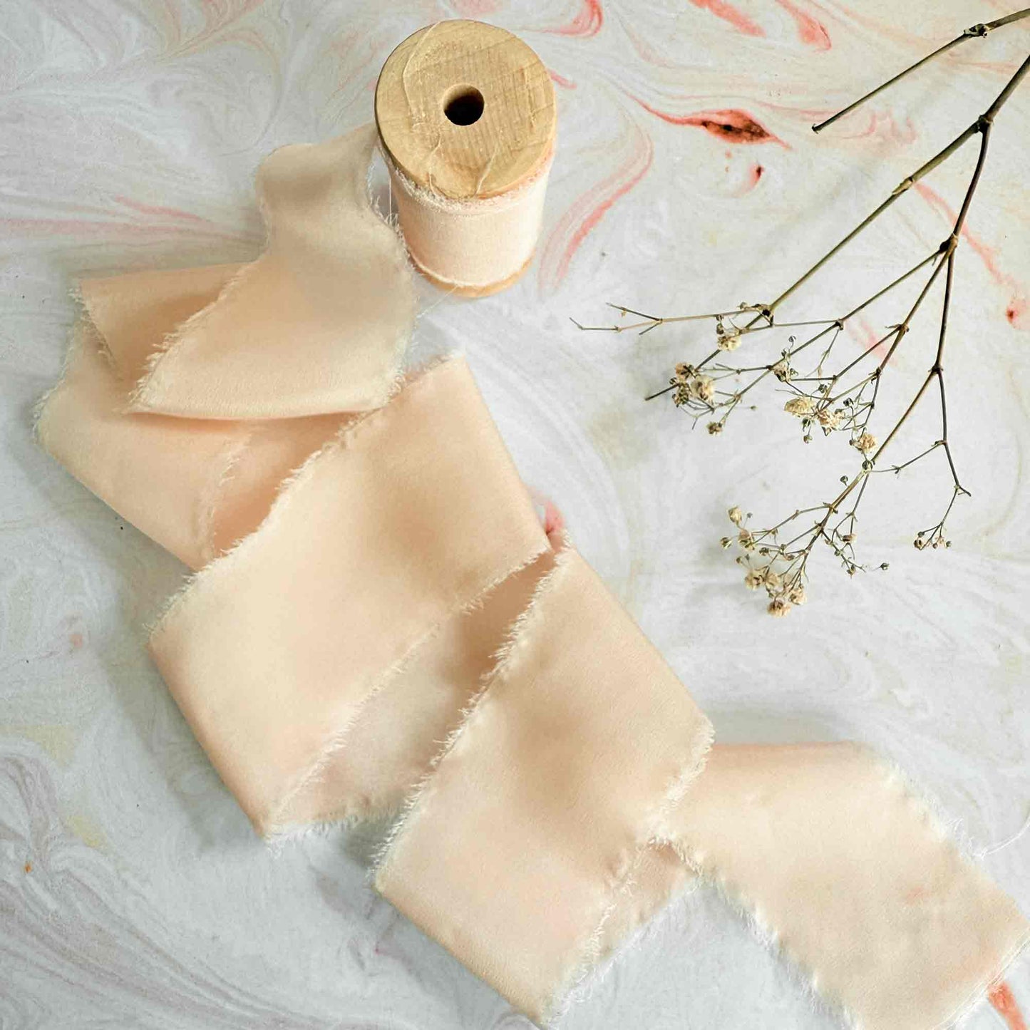 Peach puff silk ribbon with a frayed edge,  Perfect ribbon for weddings