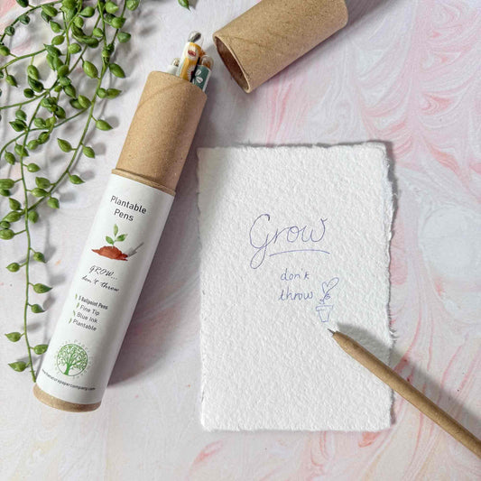 Plantable pen with a paper towel roll and a piece of paper with 'Grow' written on it.