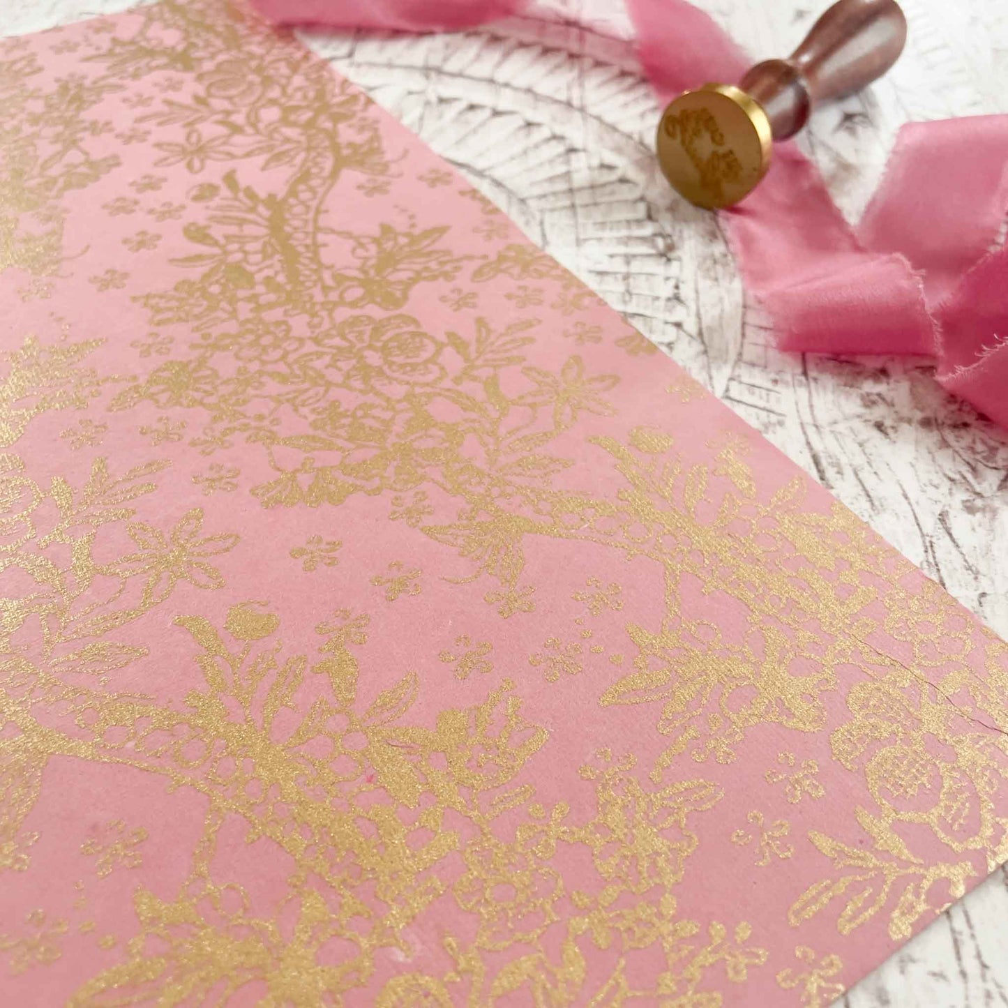 Rose Pink Recycled paper with pretty gold pattern