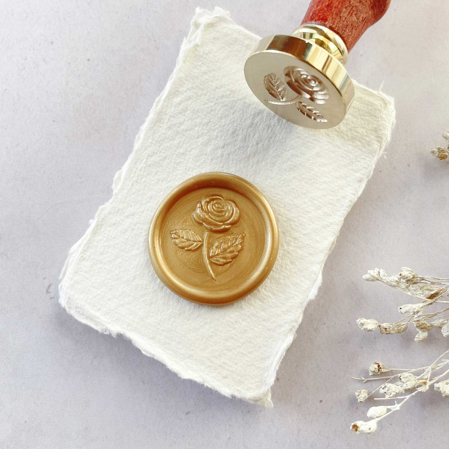 Sleeping Beauty design wax seal stamp with rose. Make pretty rose wax seals with a sealing wax stamp by The Natural Paper Company