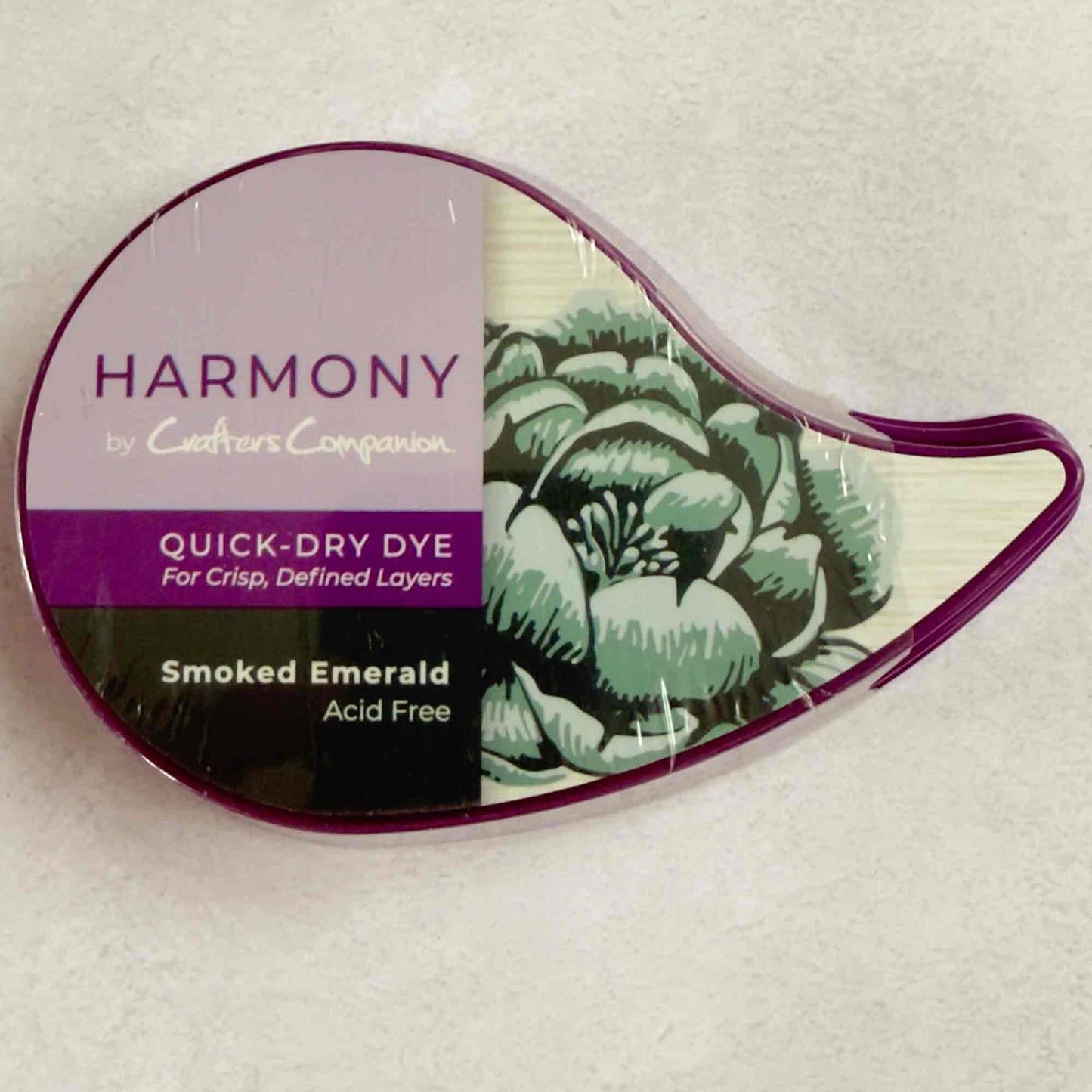 Harmony by Crafters Companion quick-dry dye packet for Smoked Emerald color on a white background