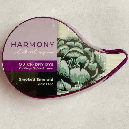 Harmony by Crafters Companion quick-dry dye packet for Smoked Emerald color on a white background