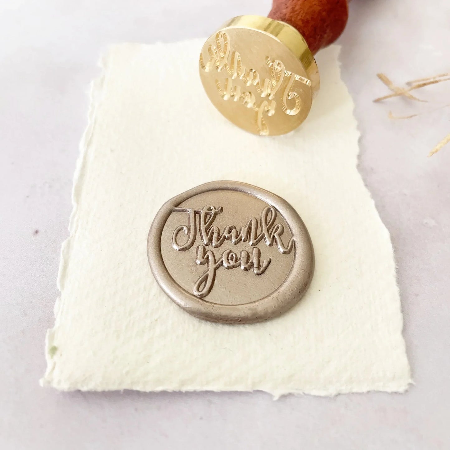 Thank You Wax Stamp. Sealing Wax Stamp with a brass head and wooden handle. Perfect for decorating Thank You Cards and Envelopes. Calligraphy style. By The Natural Paper Company