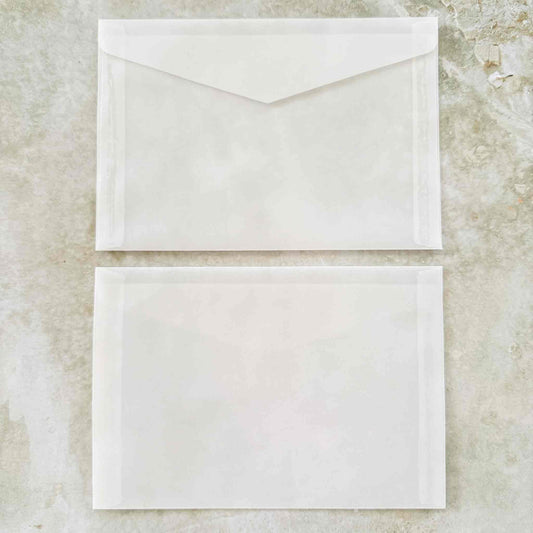 Two white envelopes on a textured beige surface