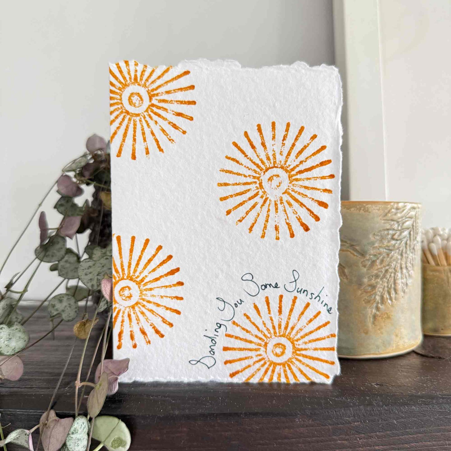 wood block printed card on handmade cotton rag paper