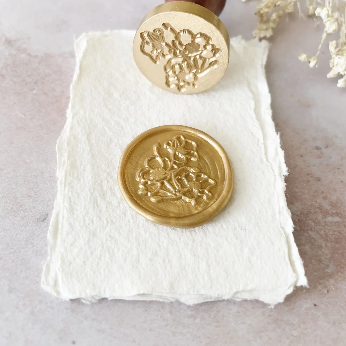Floral wax seal with wild poppy design. Pretty flowery sealing wax stamp. By The Natural Paper Company