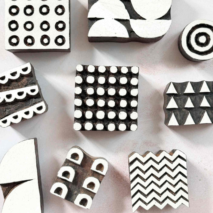 collection of indian wood block stamps with geometric designs