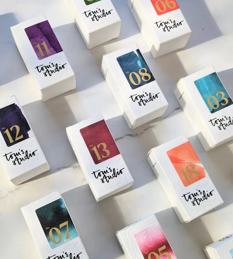 Fountain Pen Inks in a range of colours.  Watercolour ink for calligraphy and drawing.  Suitable for use with calligraphy pens, fountain pens and fineliners.  Acid free ink for refillable pens.  By Toms Studio.  Made in the UK