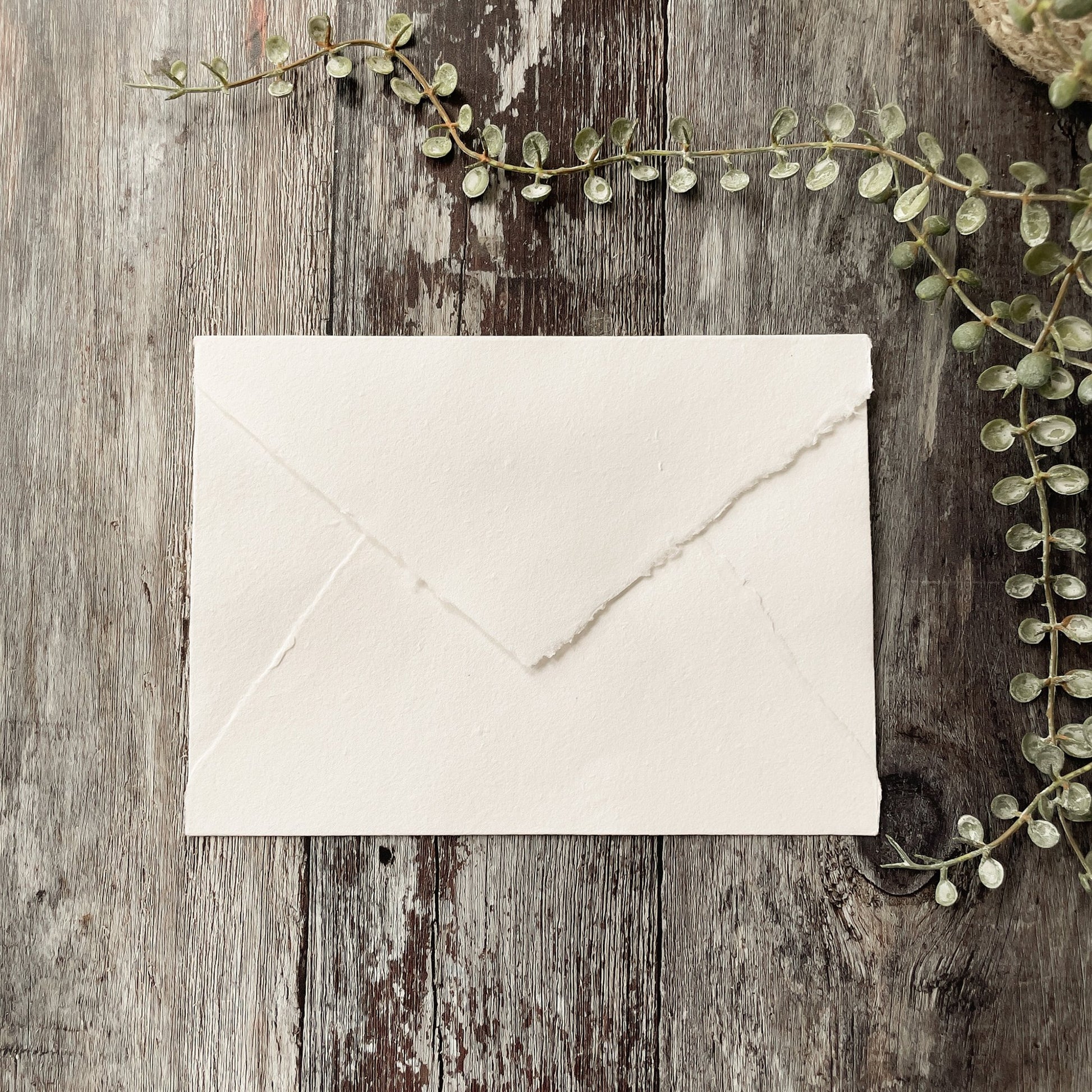 Invitation envelope made from white recycled cotton rag paper.  Deckled edge envelopes in white.  By The Natural paper Company