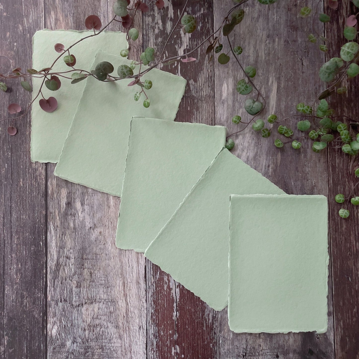 Recycled handmade paper and card for invitations, crafts and watercolour painting.  Dusky green recycled cotton rag paper with a deckled edge.  By The Natural paper Company