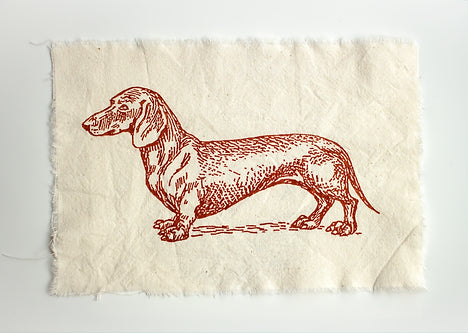 silk printed image of sausage dog using brown water based fabric paint