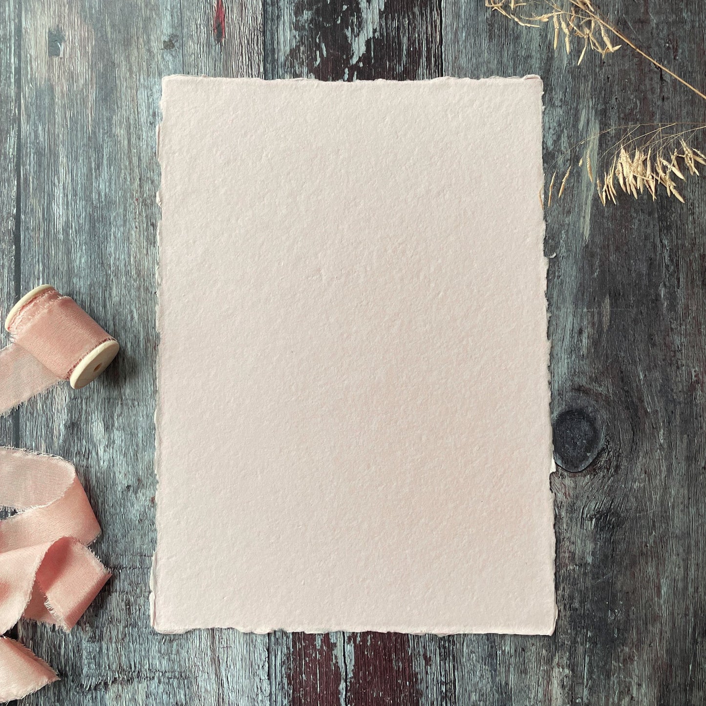 A4 card made from recycled handmade paper with a deckled edge.  Blush pink cotton rag paper.  By The Natural Paper Company