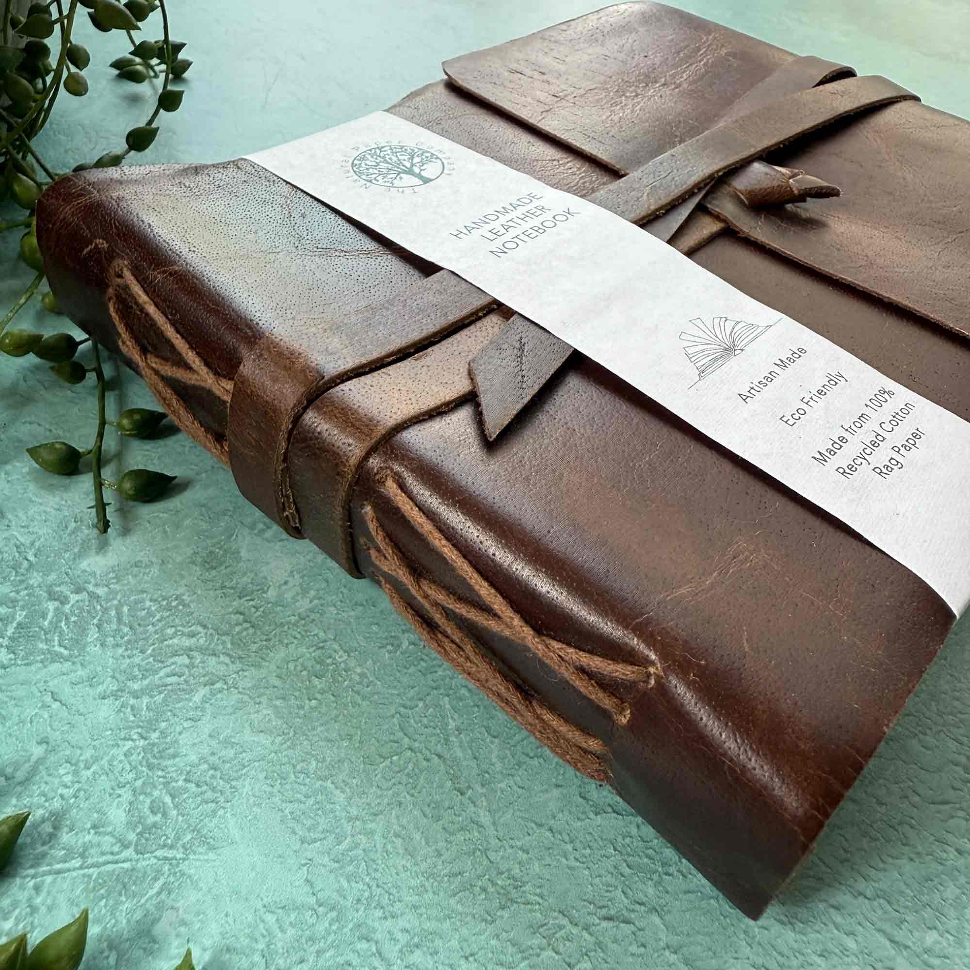 A5 leather journal in brown.  Hand made for The Natural Paper Company