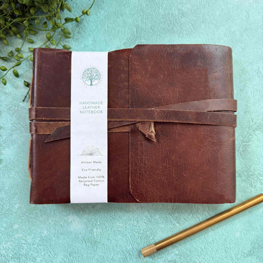 Handmade leather notebook with cotton paper pages
