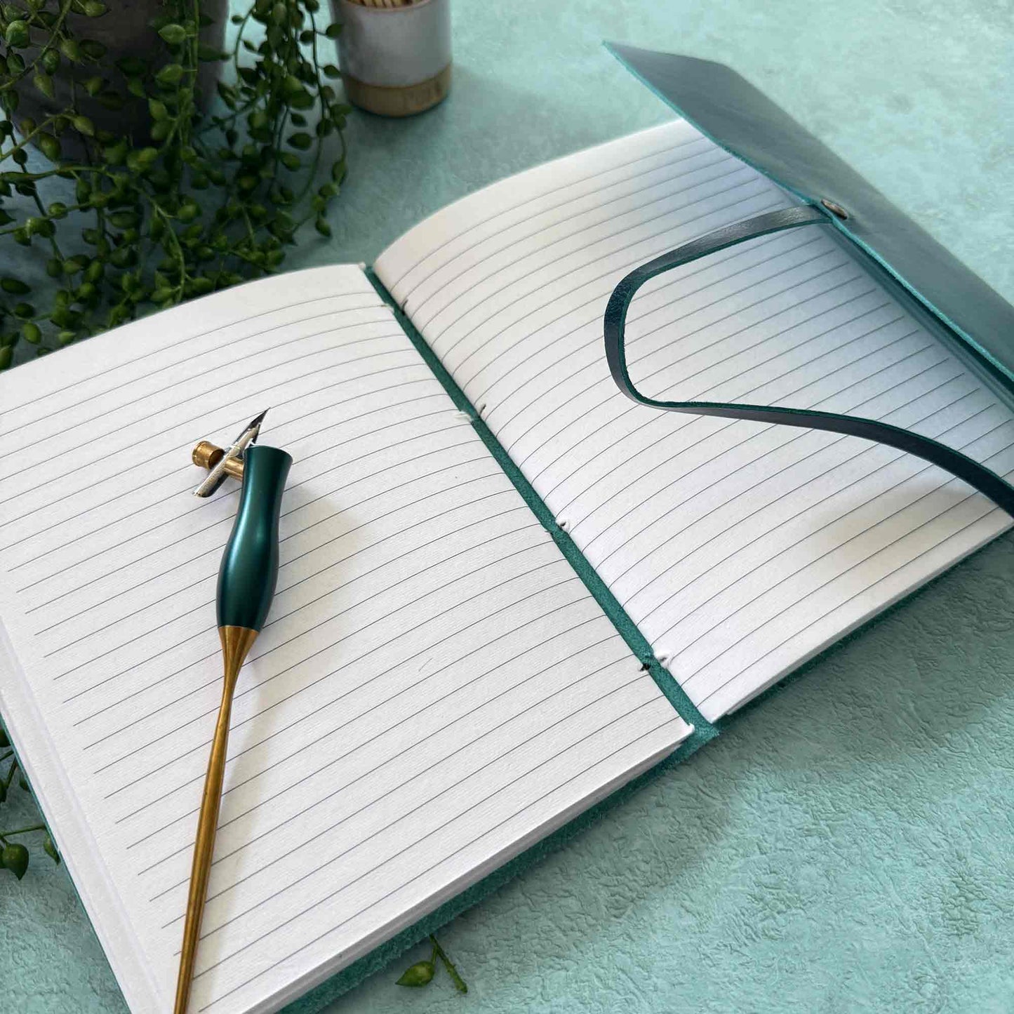 Handmade navy leather journal with lined cotton paper pages