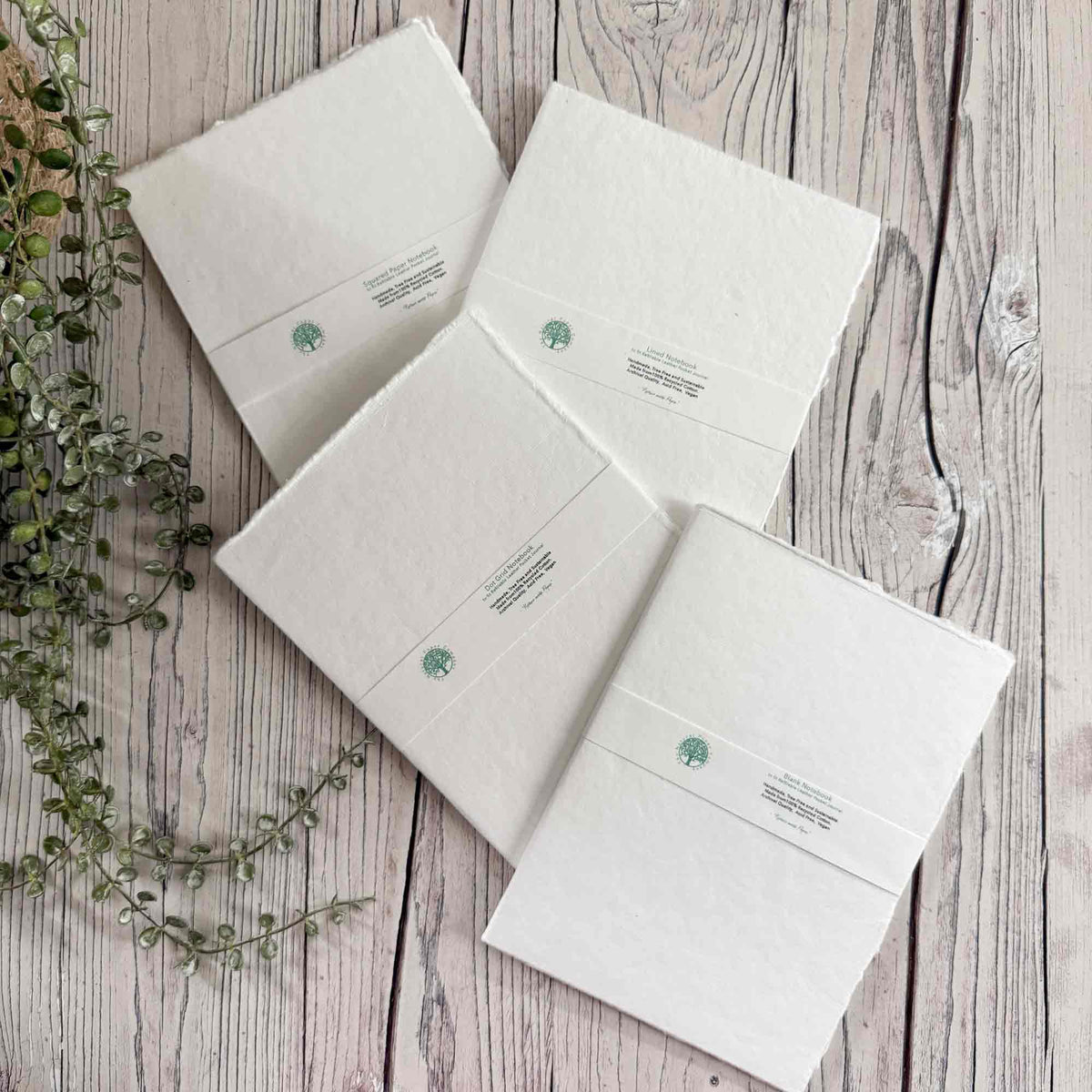 A5 refillable journal inserts made from handmade cotton paper in blank, lined, dot grid and square grid styles