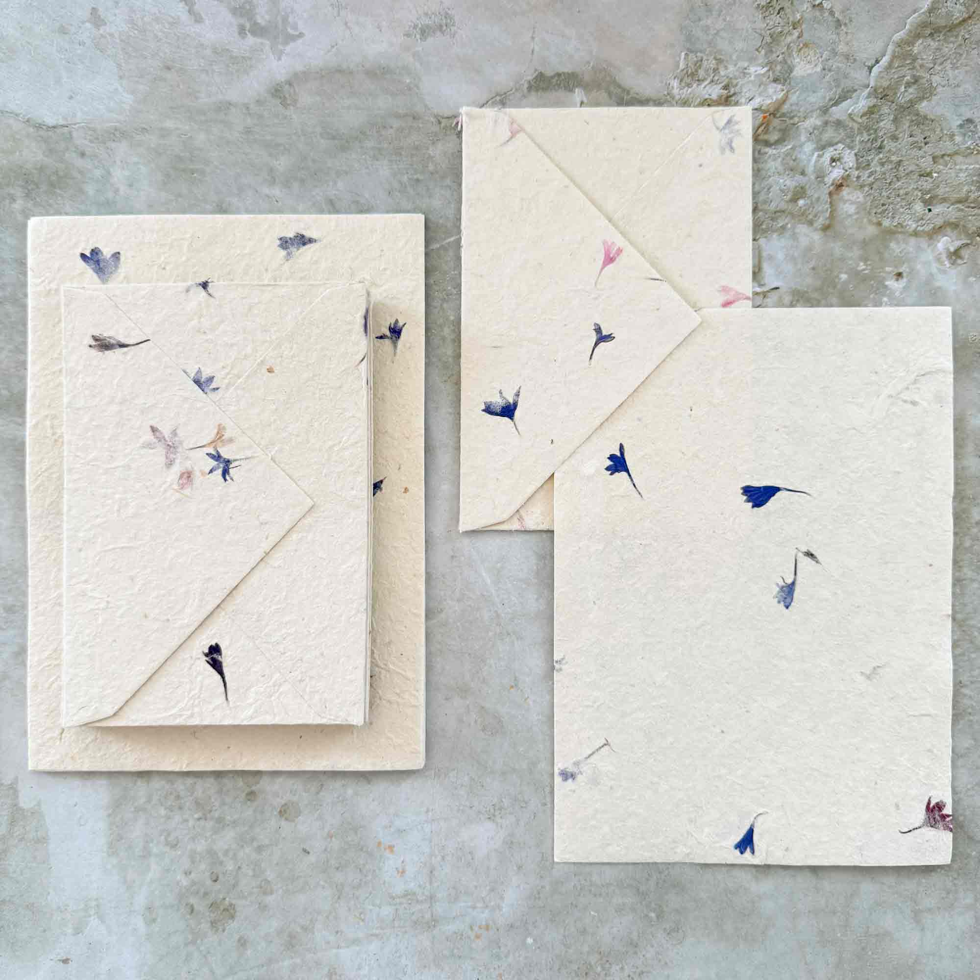handmade lokta paper and envelope set with dried cornflower petals