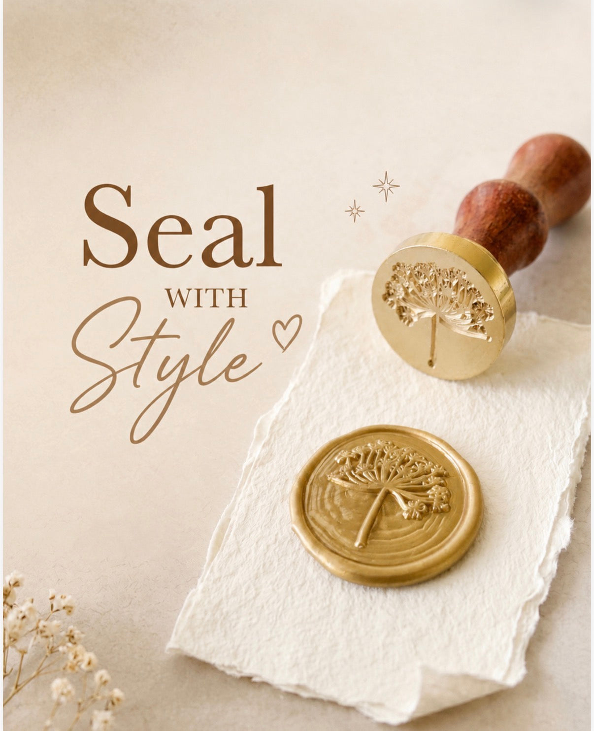 Close-up photograph of a gold wax seal featuring an intricate cow parsley floral impression, pressed onto deckle-edged handmade paper. Beside it rests the brass seal stamp with a turned wooden handle. Overlaid text: “Seal with Style”. Soft warm tones, dried flowers, from The Natural Paper Company.