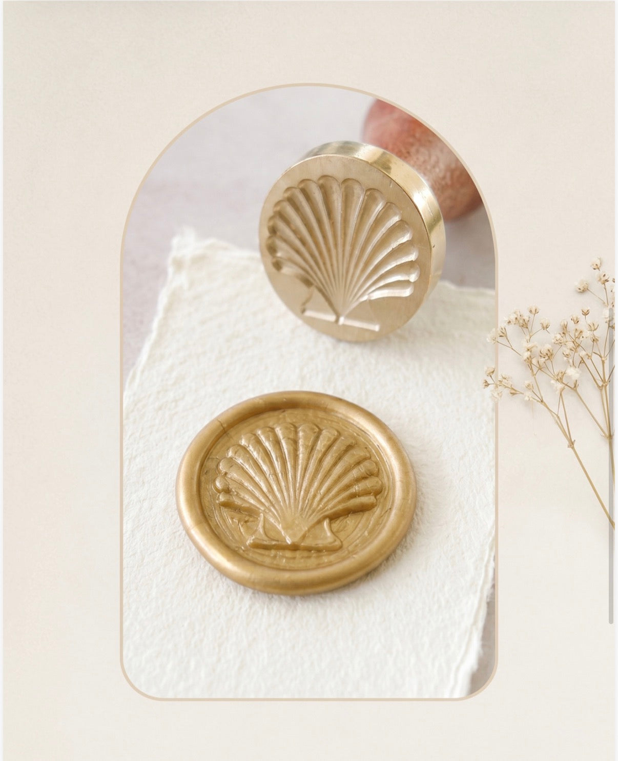 Close-up view of a metallic gold wax seal embossed with a classic scallop shell design, pressed onto soft, deckle-edged handmade paper. Positioned above is the brass stamp head engraved with the same shell motif, fitted to a smooth wooden handle. The composition is framed in a gentle arch with neutral tones and dried white floral accents, from The Natural Paper Company.